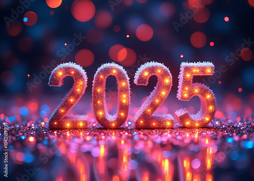 A vibrant display of shimmering digits for the year 2025 is set against a lively backdrop of colorful glitter.