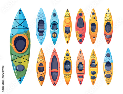 Sport kayaks top view cartoon vector set. water canoes paddling boats, watercraft outdoor activity adventure vessels, competition waterfall extreme equipment isolated artworks