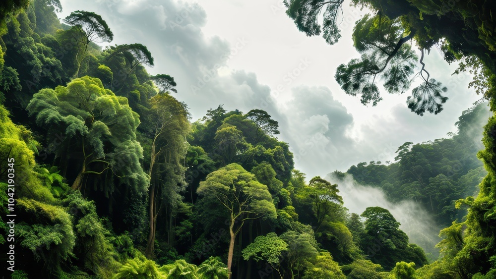 Fototapeta premium Majestic view of a mist-covered rainforest with towering green trees and vibrant foliage. Ideal for wilderness, adventure, or eco-tourism themes