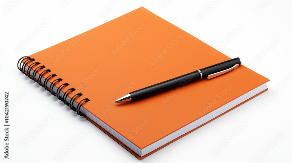 Bright orange notebook and black pen resting on a white surface for creative ideas and notes Bright orange notebook and black pen resting on a white surface for creative ideas and notes