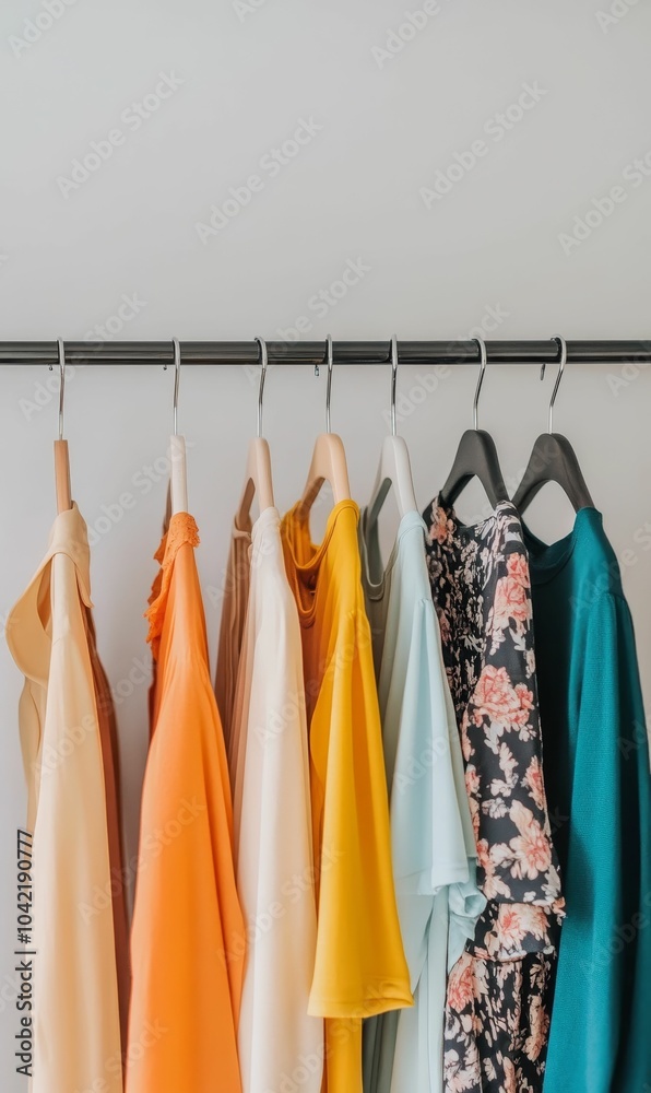 Colorful clothes hanging on a rack. Colorful clothes hanging on a rack.