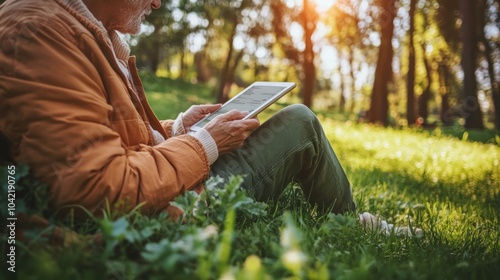 Fototapeta Naklejka Na Ścianę i Meble -  Senior man using tablet in a park on a sunny day.