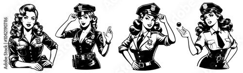 beauty pin-up girl illustration, adorable beautiful pinup woman model, comic book character, black shape silhouette vector decoration policewoman female police officer cop