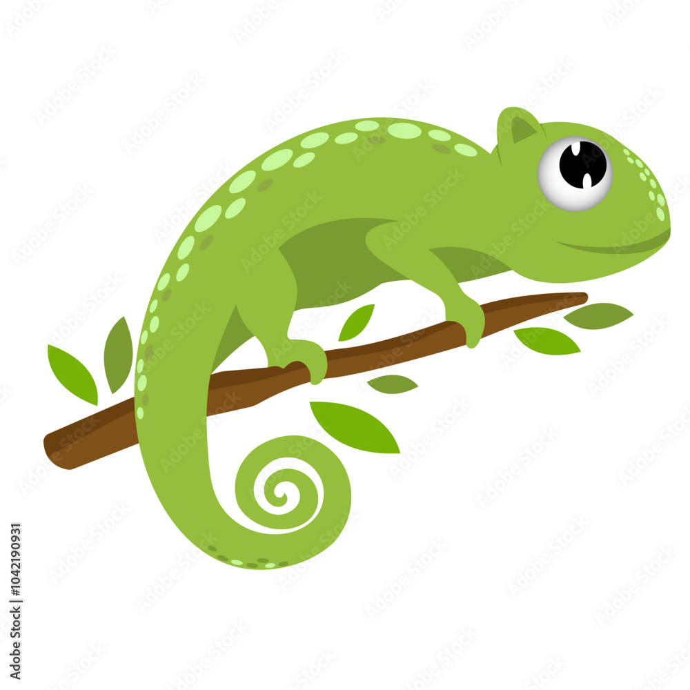 Fototapeta premium Green Lizard is on the branch on white background, vector illustration