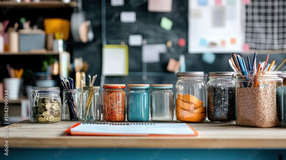A wooden desk with a notebook and various glass jars with different contents. A wooden desk with a notebook and various glass jars with different contents.