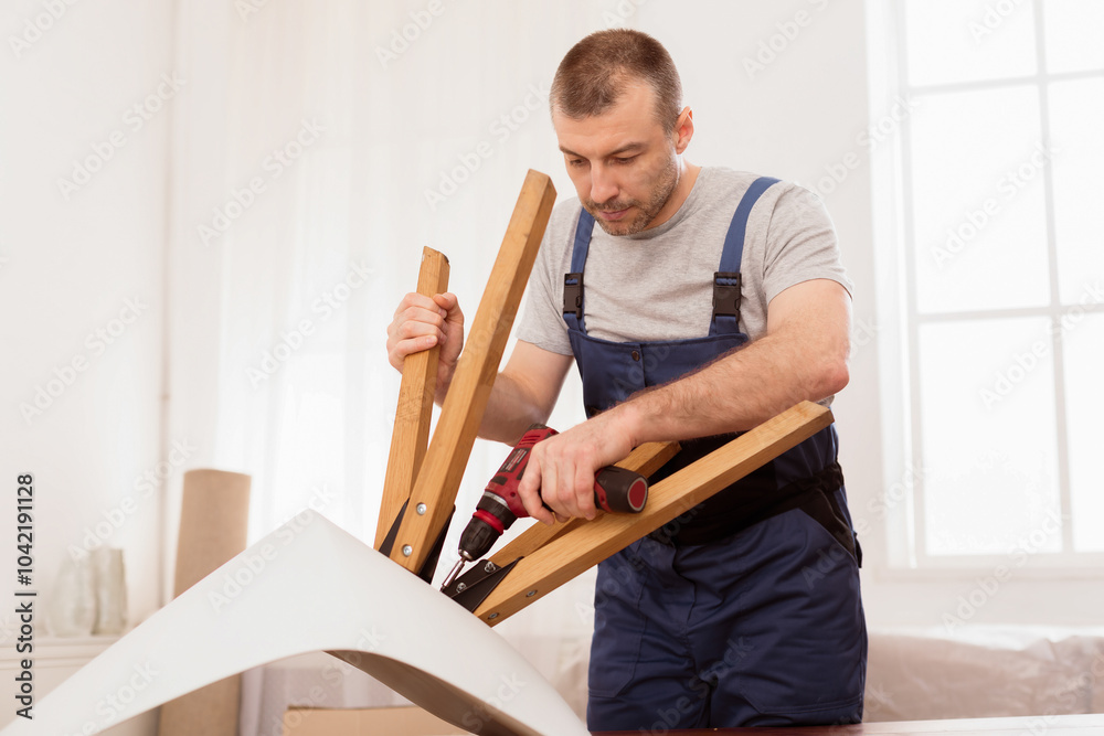Professional Craftsman Carpenter Installing Table Using Electric Drill Assembling Furniture Standing Indoors. Handyman Fixing Desk. Carpentry Service Concept. Selective Focus Professional Craftsman Carpenter Installing Table Using Electric Drill Assembling Furniture Standing Indoors. Handyman Fixing Desk. Carpentry Service Concept. Selective Focus