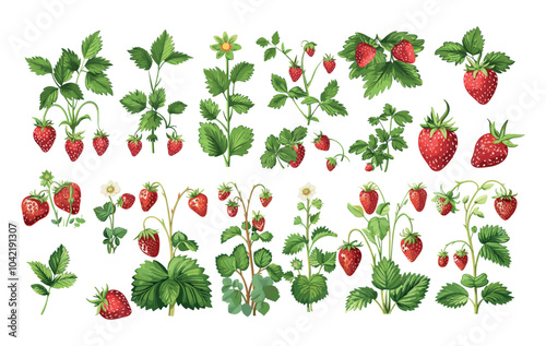 Strawberry garden bushes cartoon vector set. Leaves berries stems blossoms flowers growth fresh seasonal natural blooming fruits, planting farm fruitage agricultural, isolated artworks
