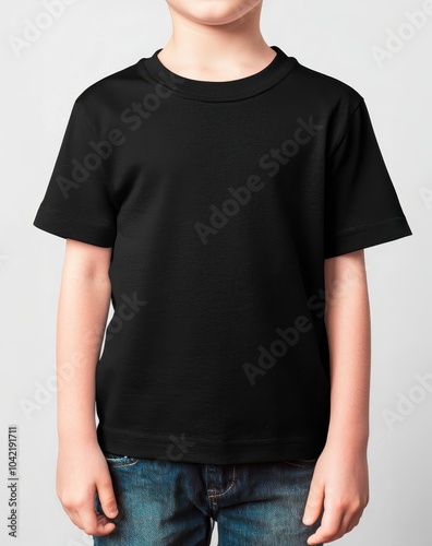 Child wearing a plain black t-shirt, white isolated background. photo