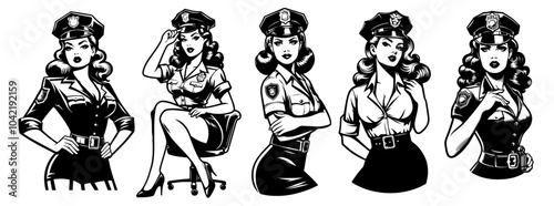 beauty pin-up girl illustration, adorable beautiful pinup woman model, comic book character, black shape silhouette vector decoration policewoman female police officer cop