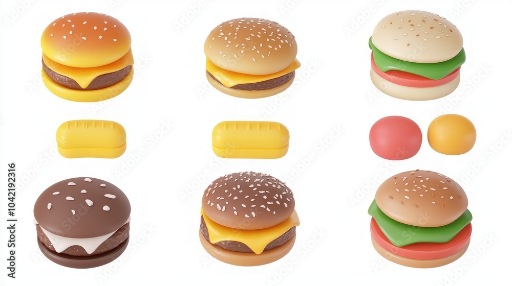 Cartoon Burger Icons Collection, featuring a variety of playful and colorful 3D burger designs, isolated on a white background for versatile use in digital projects. Cartoon Burger Icons Collection, featuring a variety of playful and colorful 3D burger designs, isolated on a white background for versatile use in digital projects.