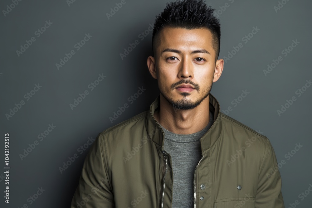 Fototapeta premium 都会の背景で立っている男性のポートレート、落ち着いた表情で穏やかな雰囲気を漂わせている瞬間