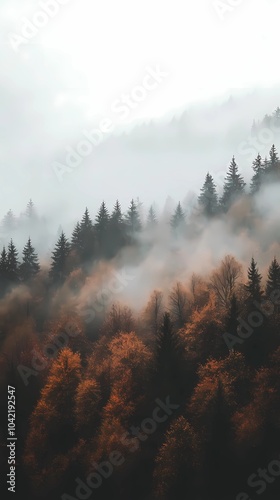 Fog rolling over the autumn mountains, with vibrant fall trees and mist-covered peaks, perfect for tranquil and atmospheric nature-themed stock imagery.