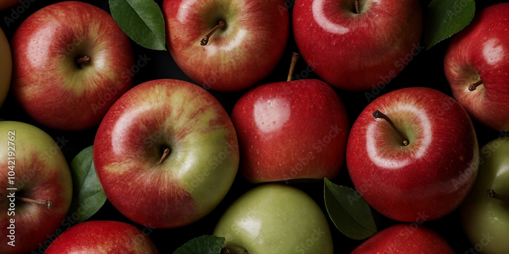 Frische rot-grüne Äpfel, die in einem natürlichen Arrangement liegen und ihre glänzende Schale und lebendigen Farben betonen, symbolisieren gesunde und vitaminreiche Früchte Frische rot-grüne Äpfel, die in einem natürlichen Arrangement liegen und ihre glänzende Schale und lebendigen Farben betonen, symbolisieren gesunde und vitaminreiche Früchte