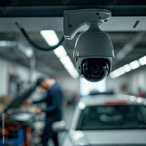 Indoor dome camera. White security camera installed on ceiling in workplace with blurred background.