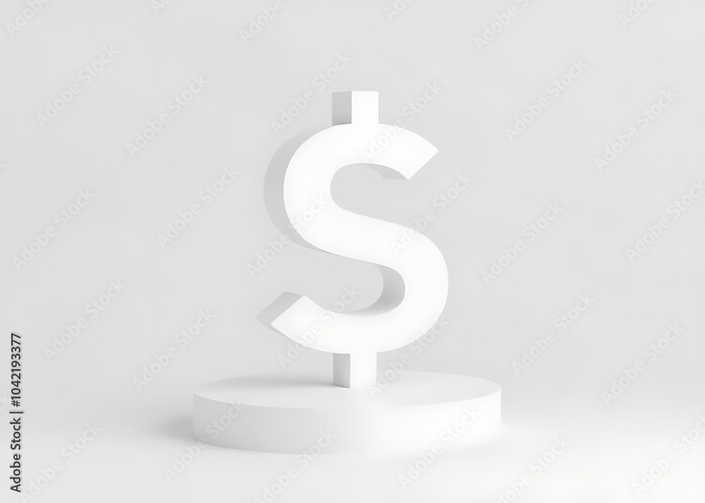 A white dollar symbol stands alone on a simple pedestal. A white dollar symbol stands alone on a simple pedestal.