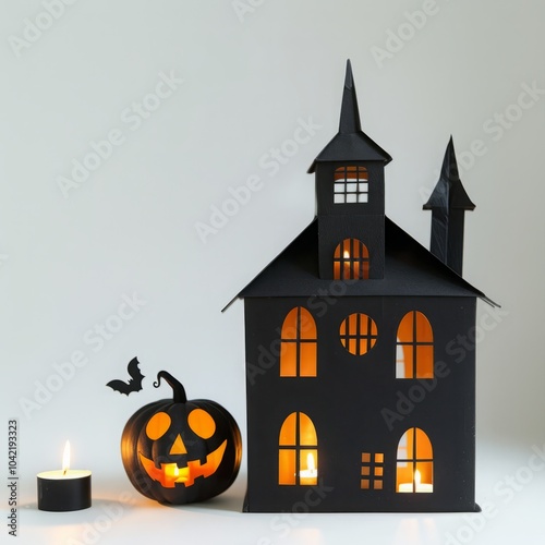 black paper house with pumpkin.