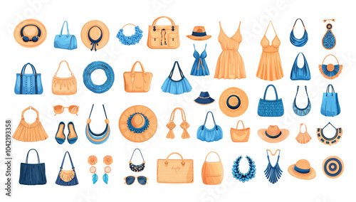 Summer ethnic accessories cartoon vector set. Woman beach bags fashion hats jewelry panamas sunglasses swimsuits dresses earrings, sea coast luxury marine resort isolated stuff