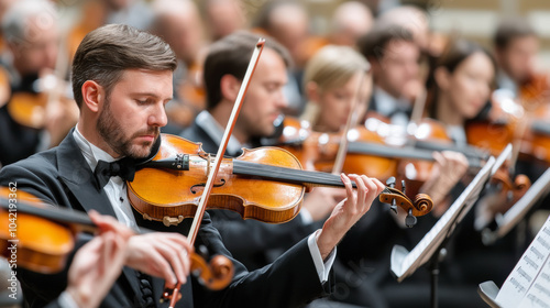 A focused orchestra performs in harmony, with a violinist playing passionately. The musicians wear formal attire, creating a sophisticated and elegant atmosphere.