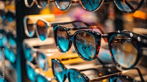 Row of stylish sunglasses with blue-tinted lenses photo