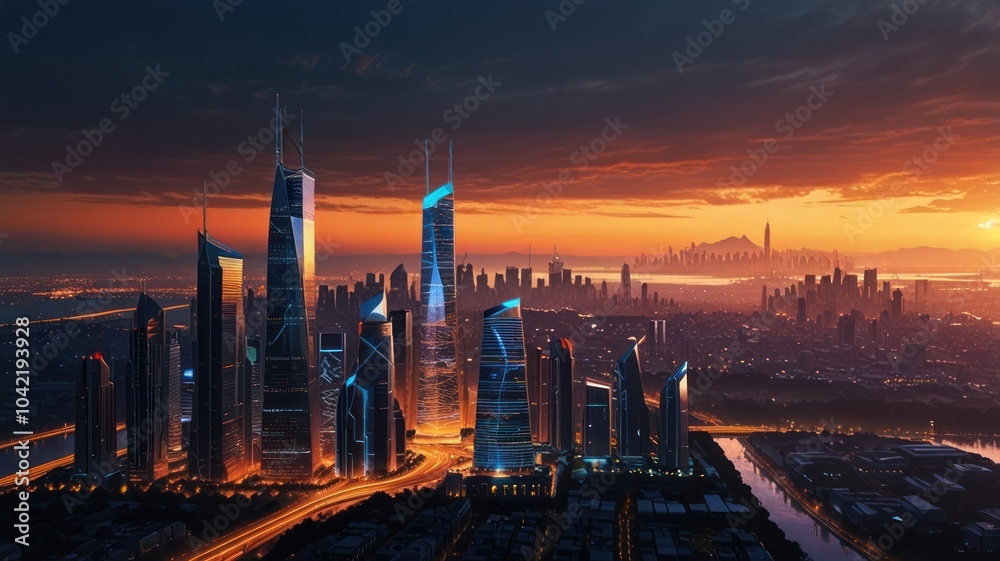Naklejka premium Aerial view of a futuristic city skyline at sunset.