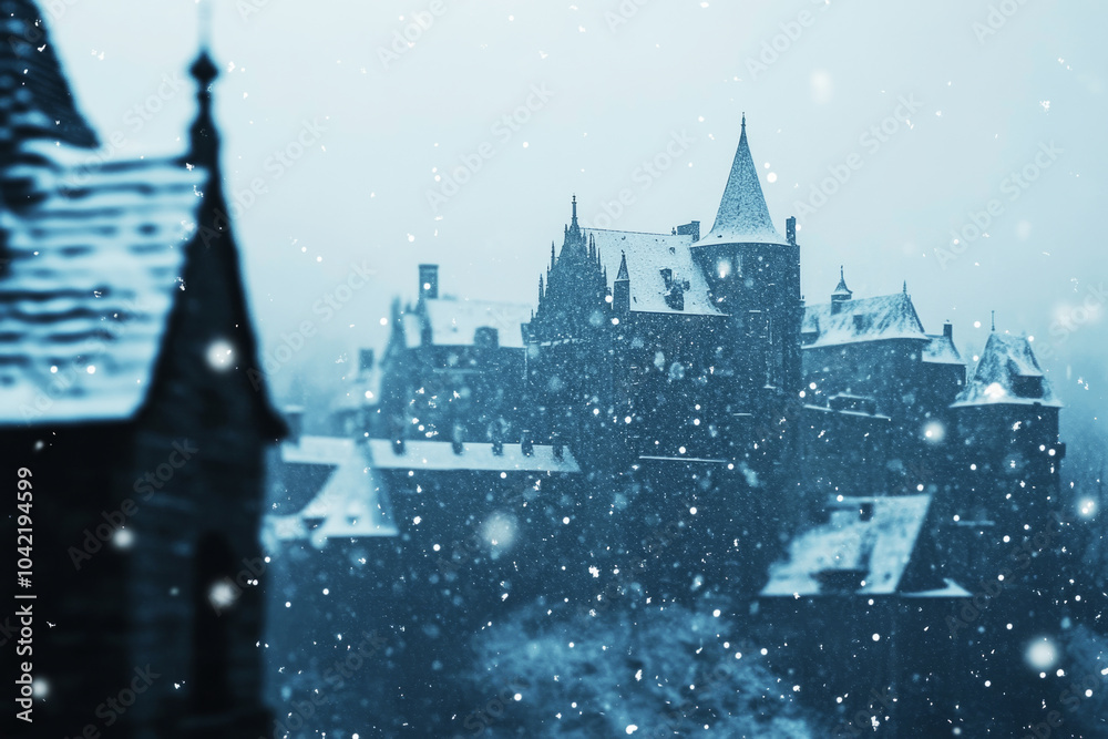 Snowfall scene with falling snowflakes and a blurred background of a snow-covered Renaissance castle in the distance Snowfall scene with falling snowflakes and a blurred background of a snow-covered Renaissance castle in the distance