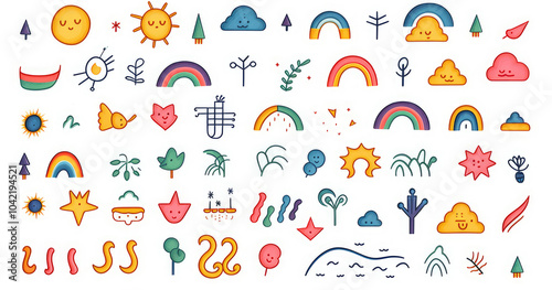 Wallpaper Mural A vibrant collection of playful illustrations featuring sun, clouds, rainbows, plants, and whimsical characters isolated on white background. Torontodigital.ca