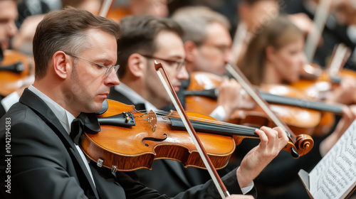 A focused violinist plays passionately in an orchestra, surrounded by fellow musicians. Their synchronized performance creates a harmonious and captivating musical experience. photo