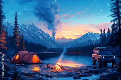 A scenic overlanding camp by a remote mountain lake features a dirty off-road vehicle parked beside a cozy tent, with a crackling campfire sending smoke into the twilight sky photo