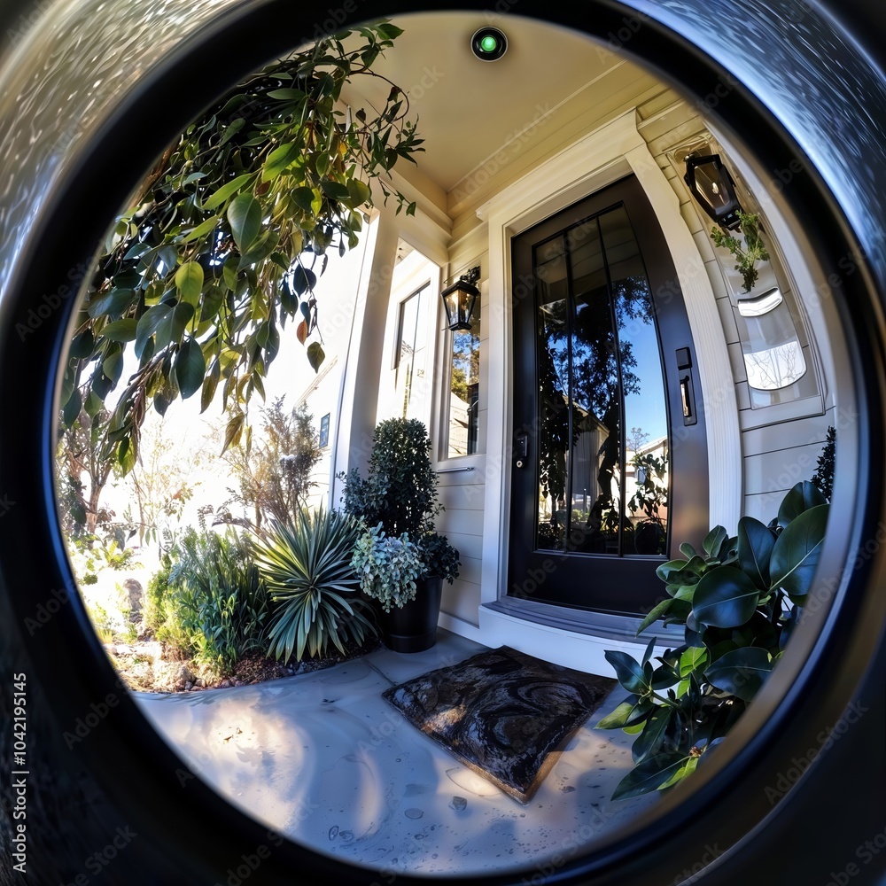 Doorbell camera view. Wide-angle lens shows a well-decorated front porch with plants and a dark wooden door.