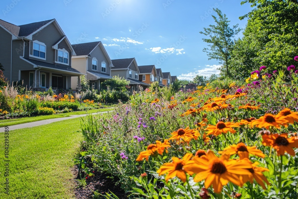 A sunny day in a housing community showcasing well-maintained gardens filled with flowering plants that attract a variety of pollinators.