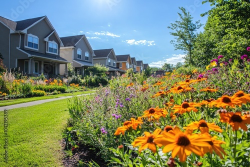 Obraz na płótnie A sunny day in a housing community showcasing well-maintained gardens filled with flowering plants that attract a variety of pollinators. w salonie