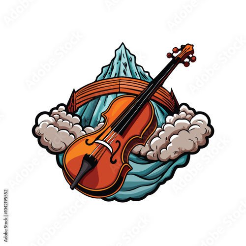 A cartoon drawing of a violin with strings extending into the clouds.