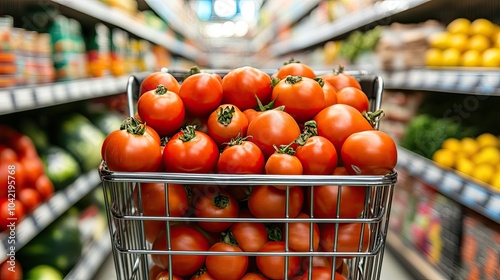 Create 3 prompts for stock photos related to Close-up of a shopping trolley brimming with vibrant fruits and vegetables, set against aisles stocked with labeled products in a bustling supermarket  photo