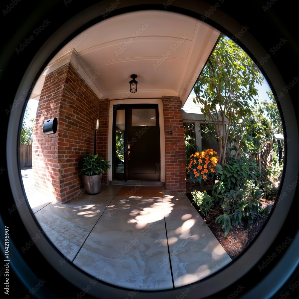 Doorbell camera view. Fisheye lens perspective of front porch with potted plants and brick columns.