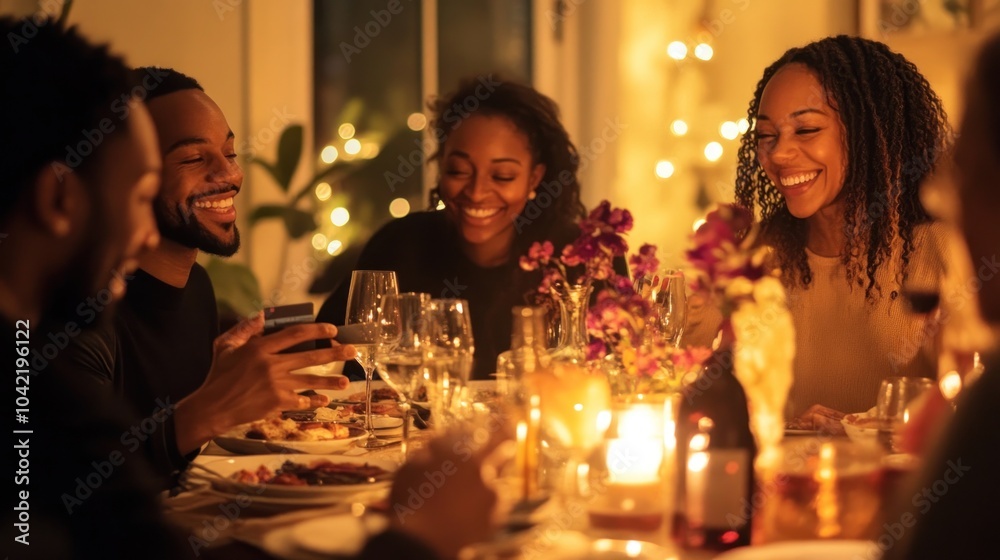 A group of friends laughing and talking at a dinner table, enjoying each other's company. A group of friends laughing and talking at a dinner table, enjoying each other's company.