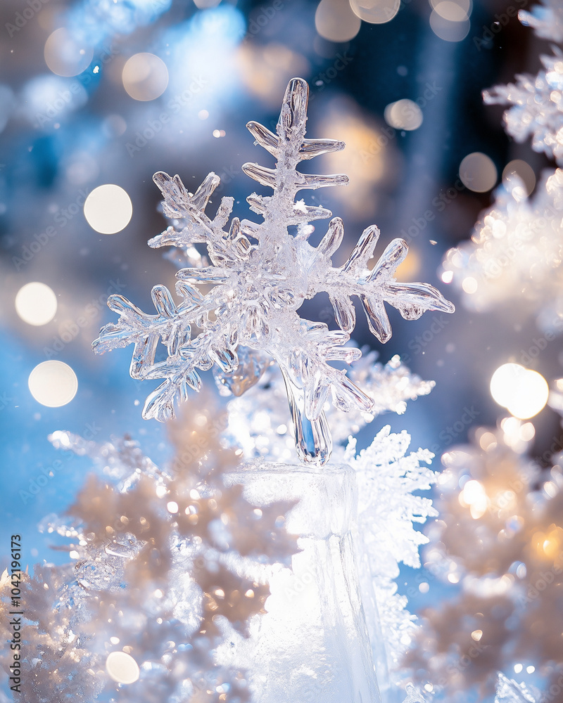 Cascading Snowflakes on Ice Sculpture in Festive Setting Cascading Snowflakes on Ice Sculpture in Festive Setting