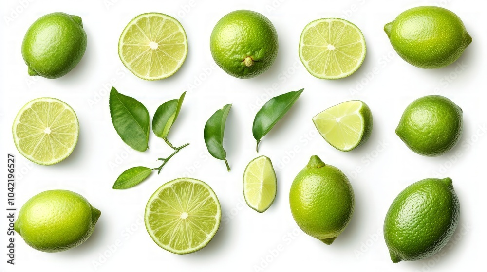 Vibrant Green Limes on White Surface, Fresh and Juicy Limes Displayed, Highlighting Their Zesty Texture and Bright Color, Ideal for Culinary or Beverage Use Vibrant Green Limes on White Surface, Fresh and Juicy Limes Displayed, Highlighting Their Zesty Texture and Bright Color, Ideal for Culinary or Beverage Use