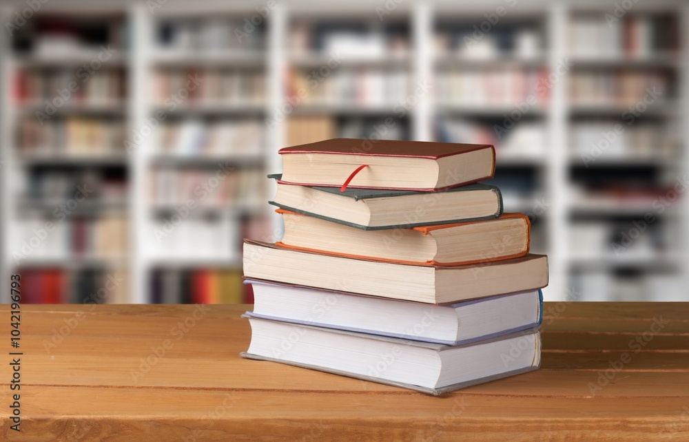 Reading Books set on wooden table in library Reading Books set on wooden table in library