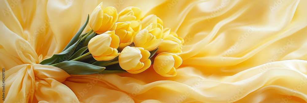 With a soft, shimmering silk backdrop, yellow tulips create an elegant arrangement that embodies warmth and joy, ideal for celebrating love and beauty on March 8th, banner With a soft, shimmering silk backdrop, yellow tulips create an elegant arrangement that embodies warmth and joy, ideal for celebrating love and beauty on March 8th, banner