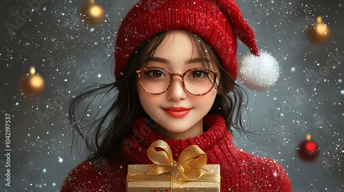 christmas girl with gift box in red 