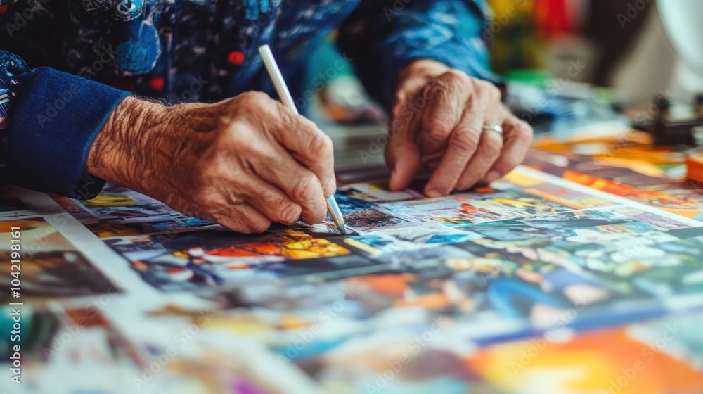 Close-up of an artist's hands creating a colorful collage with a brush. Close-up of an artist's hands creating a colorful collage with a brush.