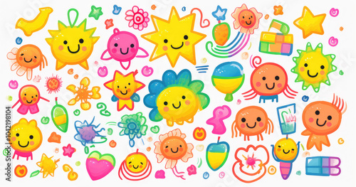 A colorful collection of cheerful doodles featuring suns, flowers, and playful creatures isolated on white background, perfect for creative projects.