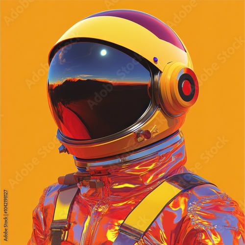 Colorful retro-futuristic astronaut in cosmic sunset photo