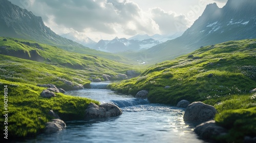 Nature-inspired Zoom background with a view of a tranquil river flowing through a green valley, offering a peaceful ambiance for virtual meetings. photo