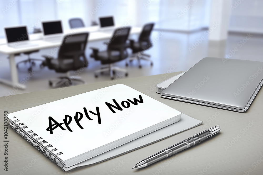 Professional workspace with an open notebook displaying Apply Now Professional workspace with an open notebook displaying Apply Now