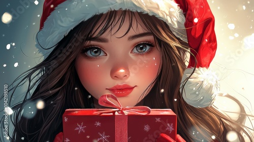 Santa girl with Christmas gift. Portrait close up.
