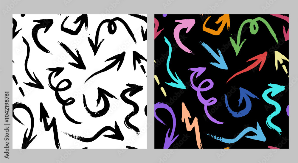 Fototapeta premium Brush arrows seamless pattern. Set of two backgrounds.