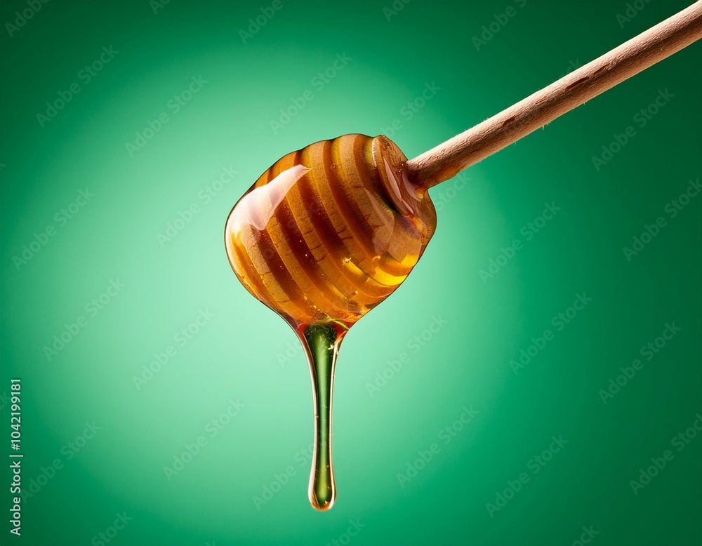 honey dripping from honey dipper stick isolated on green background honey dripping from honey dipper stick isolated on green background