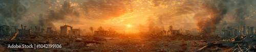 Desolate apocalyptic landscape with smoke rising, broken structures, and a fiery sunset in the background. Free copy space for banner.
