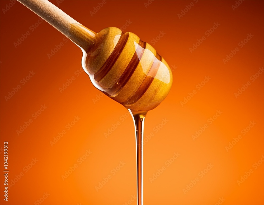honey dripping from honey dipper stick isolated on orange background honey dripping from honey dipper stick isolated on orange background